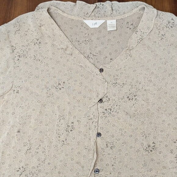 J.Jill Tan Button-Up Top Women's M Rayon Sheer Blouse Floral L/S Fairy Whimsy - Picture 5 of 16